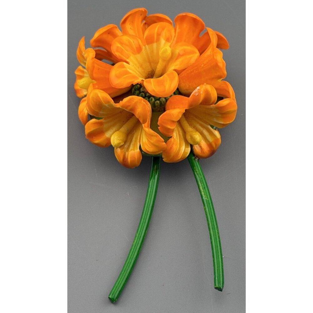 Vintage Enamel Flower Brooch Metal and Resin Orange Firecracker Cluster  RMA NY